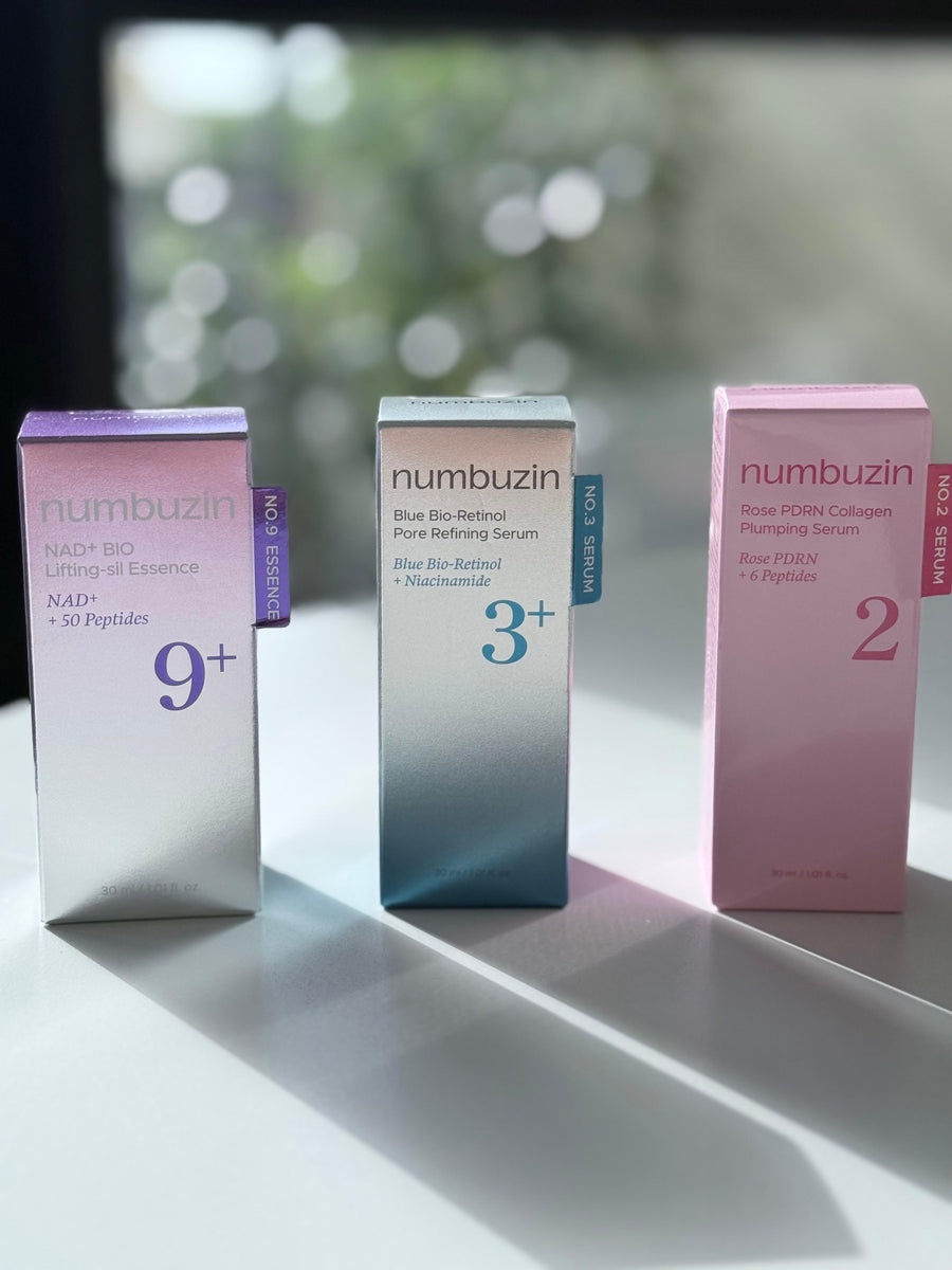 Collection de sérums Numbuzin No.2, No.3 et No.9 pour hydrater, illuminer, repulper la peau et améliorer l’élasticité avec des actifs ciblés anti-âge et glow coréen.