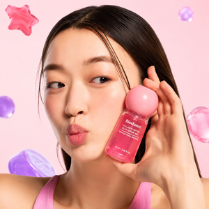 Femme à la peau lumineuse tenant le Biodance Collagen Peptide Jelly Serum Mist 50 ml, une brume hydratante au collagène et peptides pour une peau éclatante.