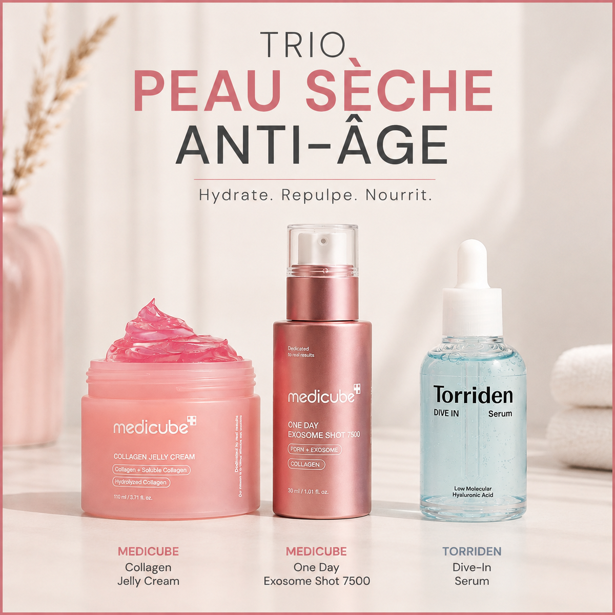Trio Routine Peau Sèche Anti-Âge – Hydratation & Collagène | Glass Skin Hub