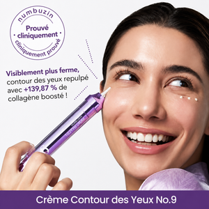 Modèle appliquant la crème contour des yeux Numbuzin No.9 NAD+ au rétinol pour raffermir le contour des yeux et réduire les ridules.