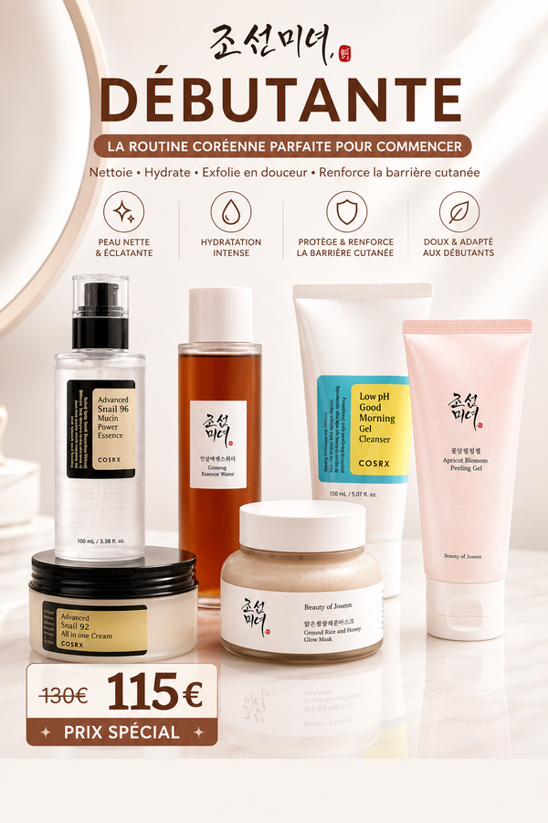 Découvrez une routine simple et efficace pour débuter en skincare coréenne. Des soins doux sélectionnés pour nettoyer, hydrater et renforcer la barrière cutanée sans agresser la peau.
