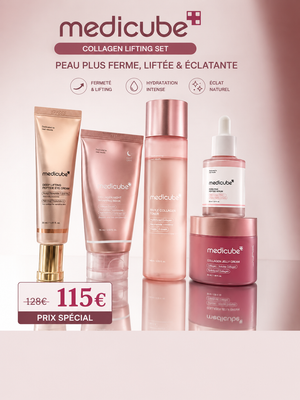 Découvrez le Medicube Collagen Lifting Set : toner, sérum, crème, contour des yeux et masque de nuit pour une peau plus ferme, hydratée, repulpée et lumineuse.