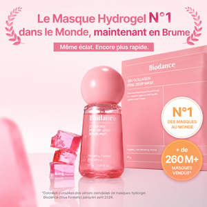 Biodance Collagen Peptide Jelly Serum Mist 50 ml présenté avec le Bio-Collagen Real Deep Mask. Brume visage hydratante au collagène et peptides pour une peau repulpée, lumineuse et éclatante