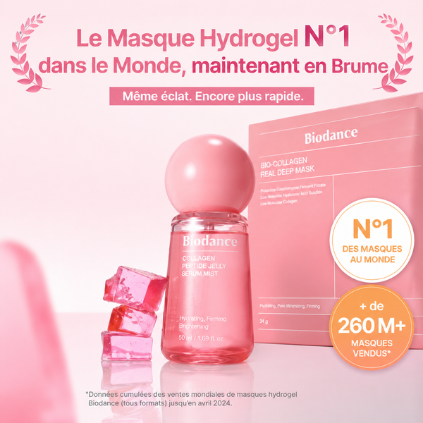 Biodance Collagen Peptide Jelly Serum Mist 50 ml présenté avec le Bio-Collagen Real Deep Mask. Brume visage hydratante au collagène et peptides pour une peau repulpée, lumineuse et éclatante