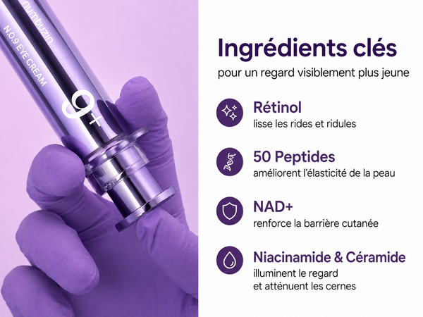 Ingrédients clés de la crème contour des yeux Numbuzin No.9 : rétinol, 50 peptides, NAD+, niacinamide et céramides pour raffermir, lisser et illuminer le regard.