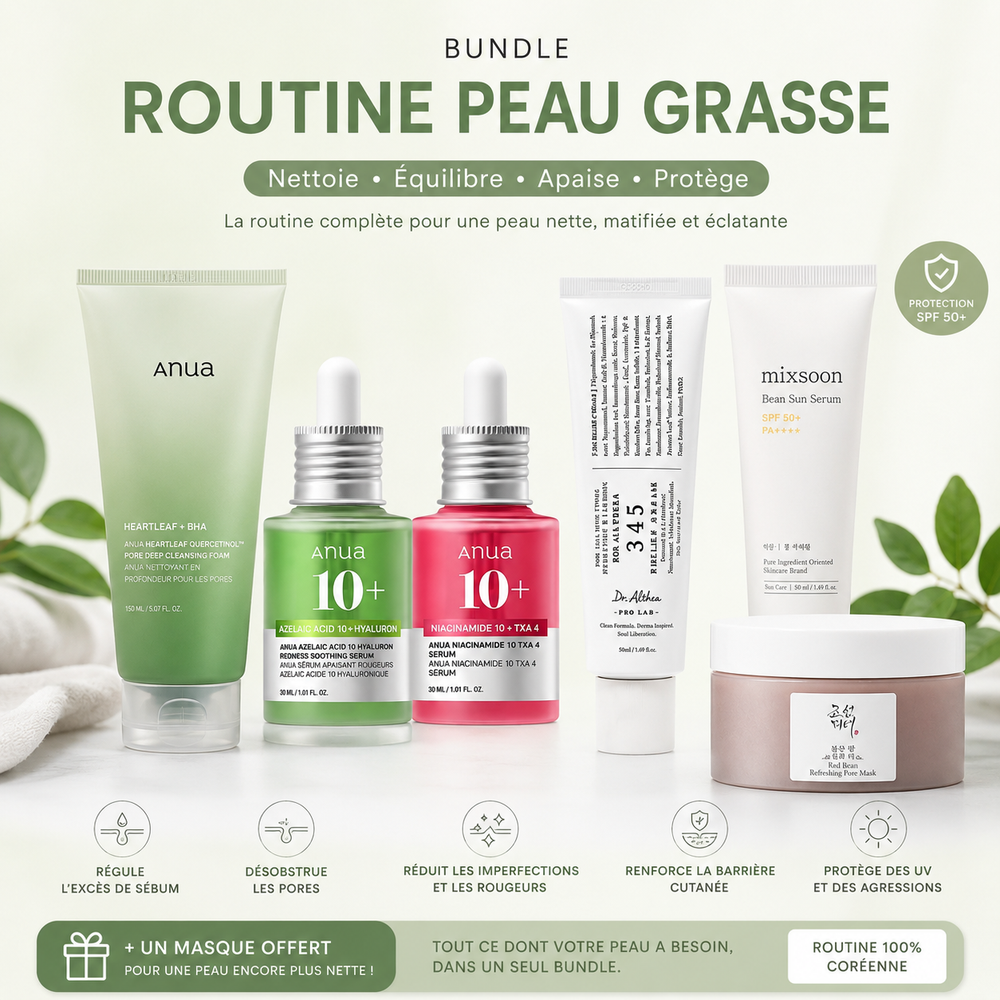 Routine coréenne complète pour peau grasse avec nettoyant, sérums, crème hydratante, protection solaire et masque purifiant – Glass Skin Hub.
