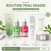 Routine coréenne complète pour peau grasse avec nettoyant, sérums, crème hydratante, protection solaire et masque purifiant – Glass Skin Hub.