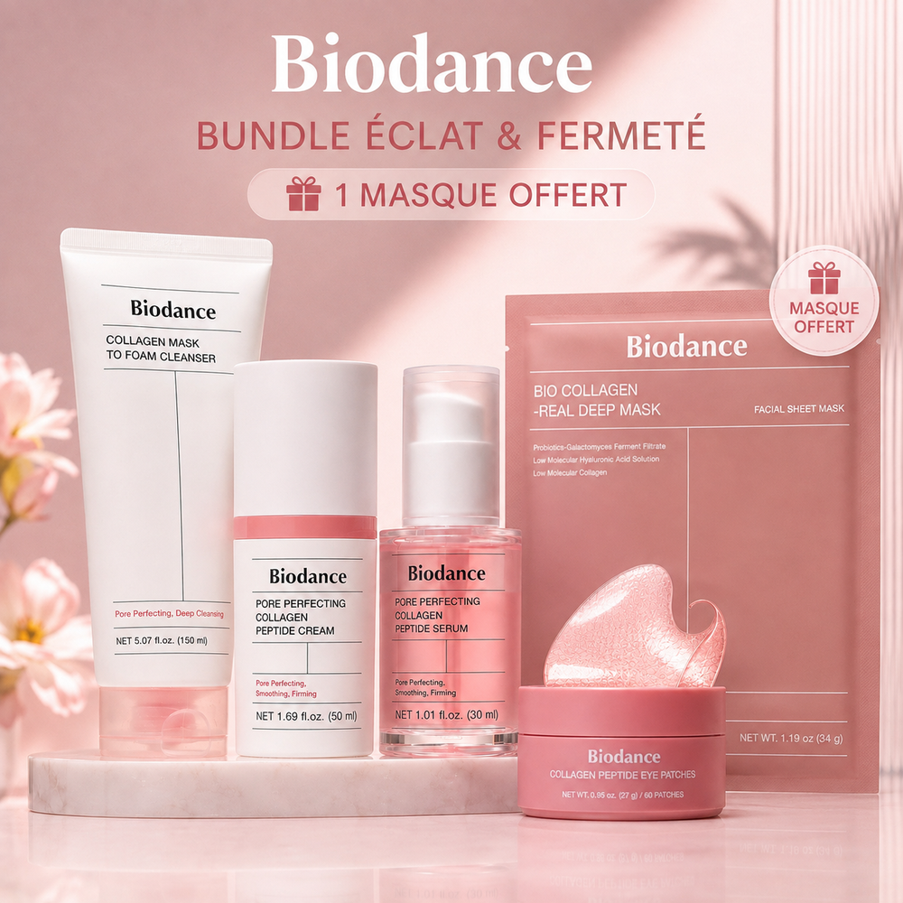 Bundle Biodance Collagen comprenant le nettoyant Collagen Mask to Foam Cleanser, la crème Pore Perfecting Collagen Peptide Cream, le sérum Pore Perfecting Collagen Peptide Serum, les patchs yeux Collagen Peptide Eye Patches et un masque Bio Collagen Real Deep Mask offert. Routine coréenne hydratante, raffermissante et perfectrice des pores.”