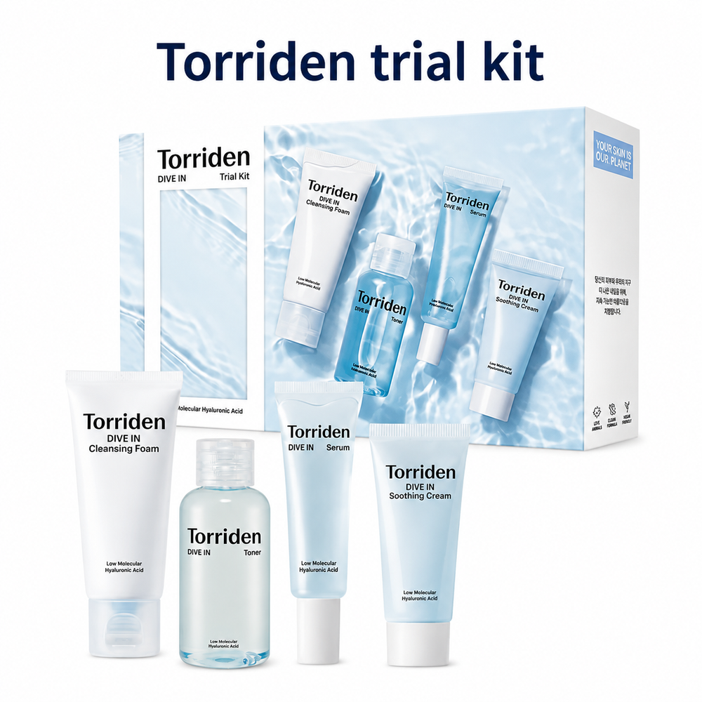 Torriden DIVE-IN Kit d’Essai Hydratant 110 ml avec mousse nettoyante, toner, sérum et crème apaisante