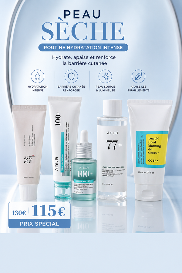 Routine coréenne complète pour peau sèche et déshydratée. Hydrate intensément, apaise les tiraillements et renforce la barrière cutanée grâce aux soins Anua, COSRX et Beauty of Joseon.