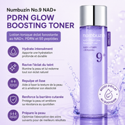 Lotion tonique Numbuzin No.9 NAD+ PDRN Glow Boosting Toner enrichie en NAD+, PDRN et 50 peptides pour hydrater, repulper et illuminer la peau.