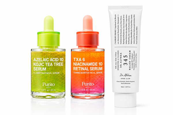Kit Peau Nette Anti-Imperfections Glass Skin Hub avec sérums Purito Azelaic Acid 10 Kojic Tea Tree, TXA 6 Niacinamide 10 Retinal et crème Dr. Althea 345 Relief Cream.