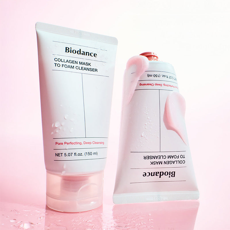 Bundle Biodance Collagen comprenant le nettoyant Collagen Mask to Foam Cleanser, la crème Pore Perfecting Collagen Peptide Cream, le sérum Pore Perfecting Collagen Peptide Serum, les patchs yeux Collagen Peptide Eye Patches et un masque Bio Collagen Real Deep Mask offert. Routine coréenne hydratante, raffermissante et perfectrice des pores.”