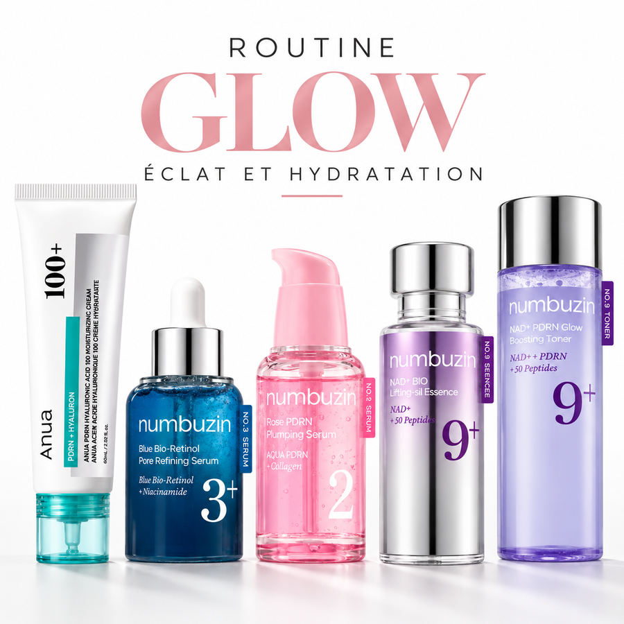 Routine Glow Numbuzin et Anua composée de cinq soins pour hydrater lisser et révéler l'éclat de la peau