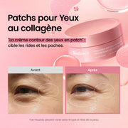 Patchs hydrogel Biodance au collagène avec résultat avant et après sur les ridules et les poches sous les yeux.