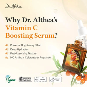 Dr. Althea Vitamin C Boosting Serum présenté sur une affiche promotionnelle mettant en avant l’éclat du teint, l’hydratation intense et une texture légère à absorption rapide