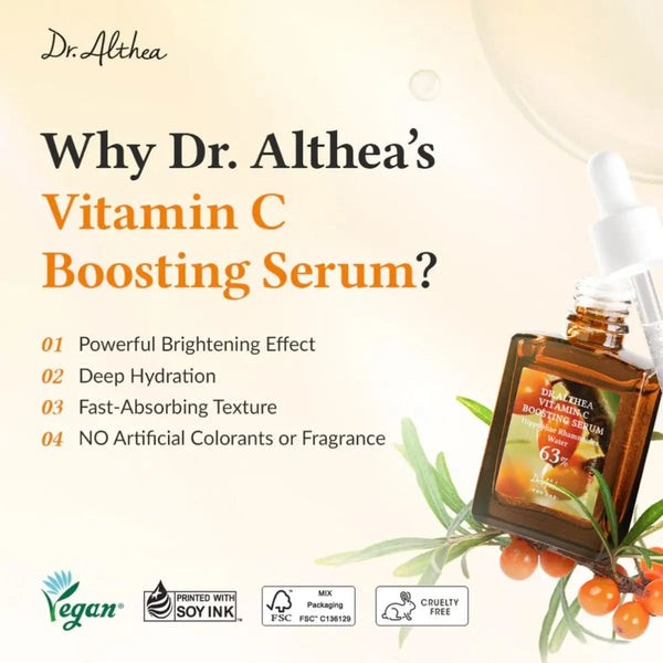Dr. Althea Vitamin C Boosting Serum présenté sur une affiche promotionnelle mettant en avant l’éclat du teint, l’hydratation intense et une texture légère à absorption rapide