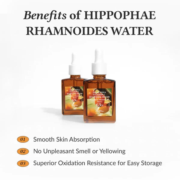 Dr. Althea Vitamin C Boosting Serum présenté sur une affiche promotionnelle mettant en avant l’éclat du teint, l’hydratation intense et une texture légère à absorption rapide