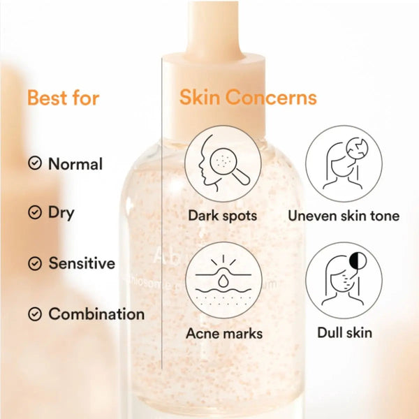 Sérum Abib Glutathiosome Dark Spot Serum avec texture microcapsules présenté comme adapté aux peaux normales, sèches, sensibles et mixtes pour cibler les taches pigmentaires, le teint irrégulier, les marques d’acné et le teint terne.