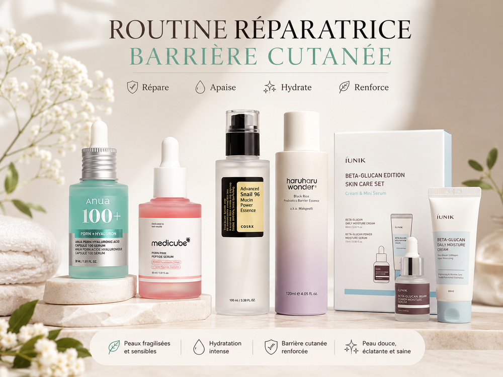 Routine réparatrice barrière cutanée Glass Skin Hub avec soins coréens PDRN, mucine d’escargot, probiotiques et bêta-glucane pour peaux sensibles et fragilisées.