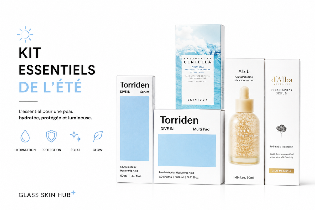 Kit produits essentiels été 5 produits pour hydrater protéger rafraîchir et illuminer ta peau. Abib d'alba torride centella skin1004