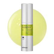 Visuel du sérum raffermissant Celimax Retinol Shot avec 0,1 % de rétinol pur et un complexe de 9 peptides, présentant ses bénéfices : améliore l’élasticité, raffermit et lisse la peau, réduit l’apparence des rides et ridules et affine le grain de peau.