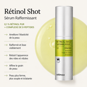 Visuel du sérum raffermissant Celimax Retinol Shot avec 0,1 % de rétinol pur et un complexe de 9 peptides, présentant ses bénéfices : améliore l’élasticité, raffermit et lisse la peau, réduit l’apparence des rides et ridules et affine le grain de peau.