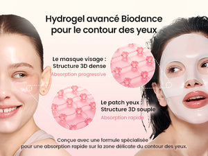 Patchs hydrogel Biodance enrichis en collagène pour réduire les signes de fatigue et raffermir le contour des yeux.