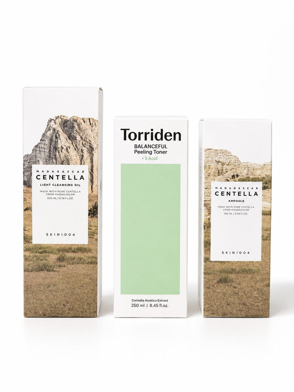 Routine skincare coréenne hydratante et apaisante avec SKIN1004 Centella et Torriden Balanceful
