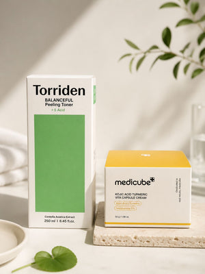 Duo skincare coréen anti-taches et éclat avec Torriden Peeling Toner et Medicube Kojic Acid Turmeric Cream