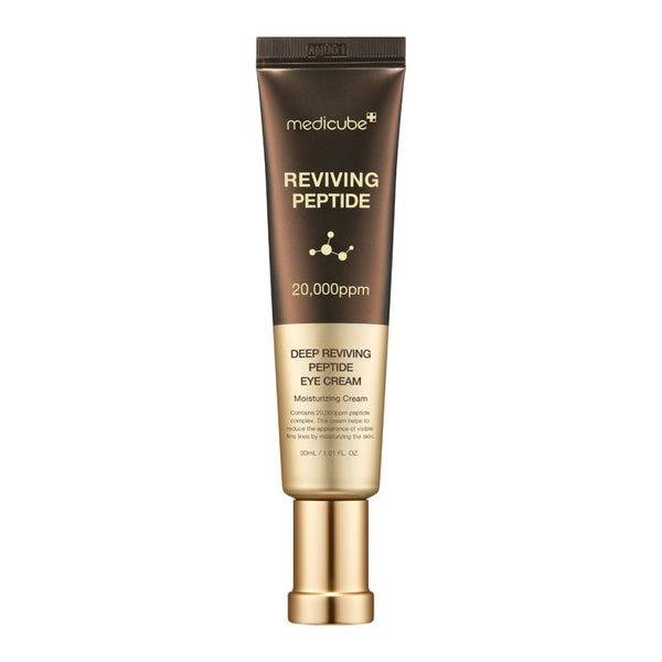 Contour des yeux Medicube Reviving Peptide Eye Cream enrichi en peptides pour hydrater, lisser les ridules et améliorer l’élasticité du contour des yeux fatigué et déshydraté.